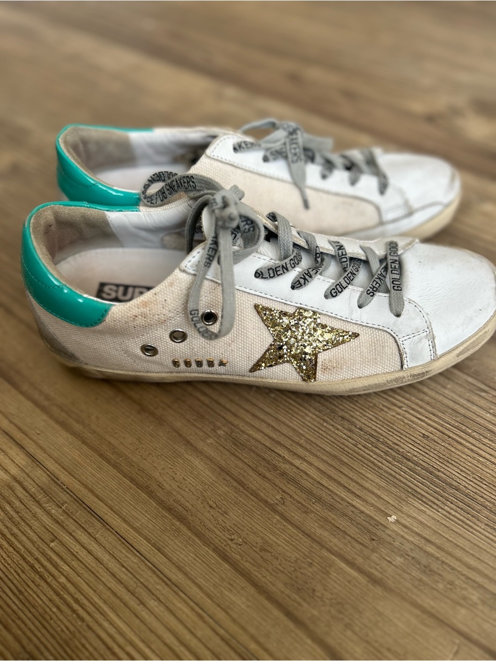 Golden Goose White Sneakers with Gold Glitter Star and Teal Heel Tab. Size 40